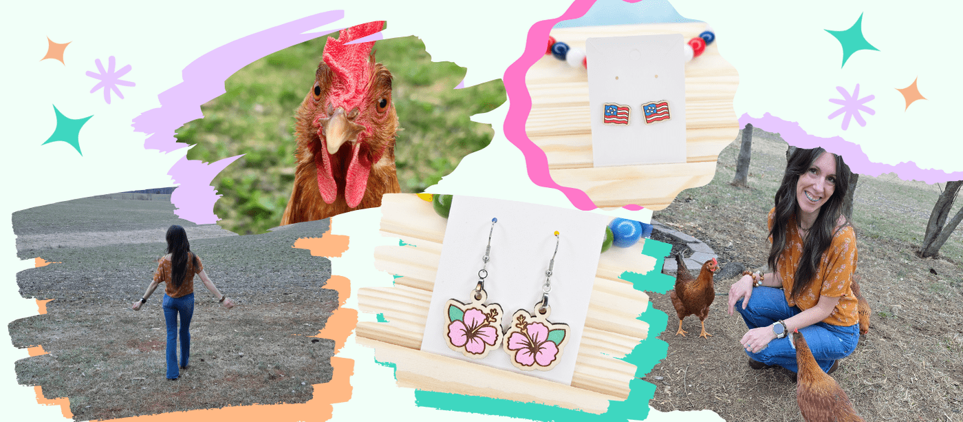 Photo collage of Dana with her earrings, chickens, and turkeys, representing her creative life and personality.